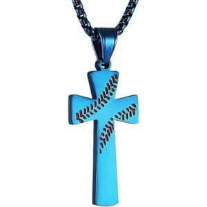 Blue Baseball Cross Pendant, STRENGTH Bible Verse Stainless Steel Necklace